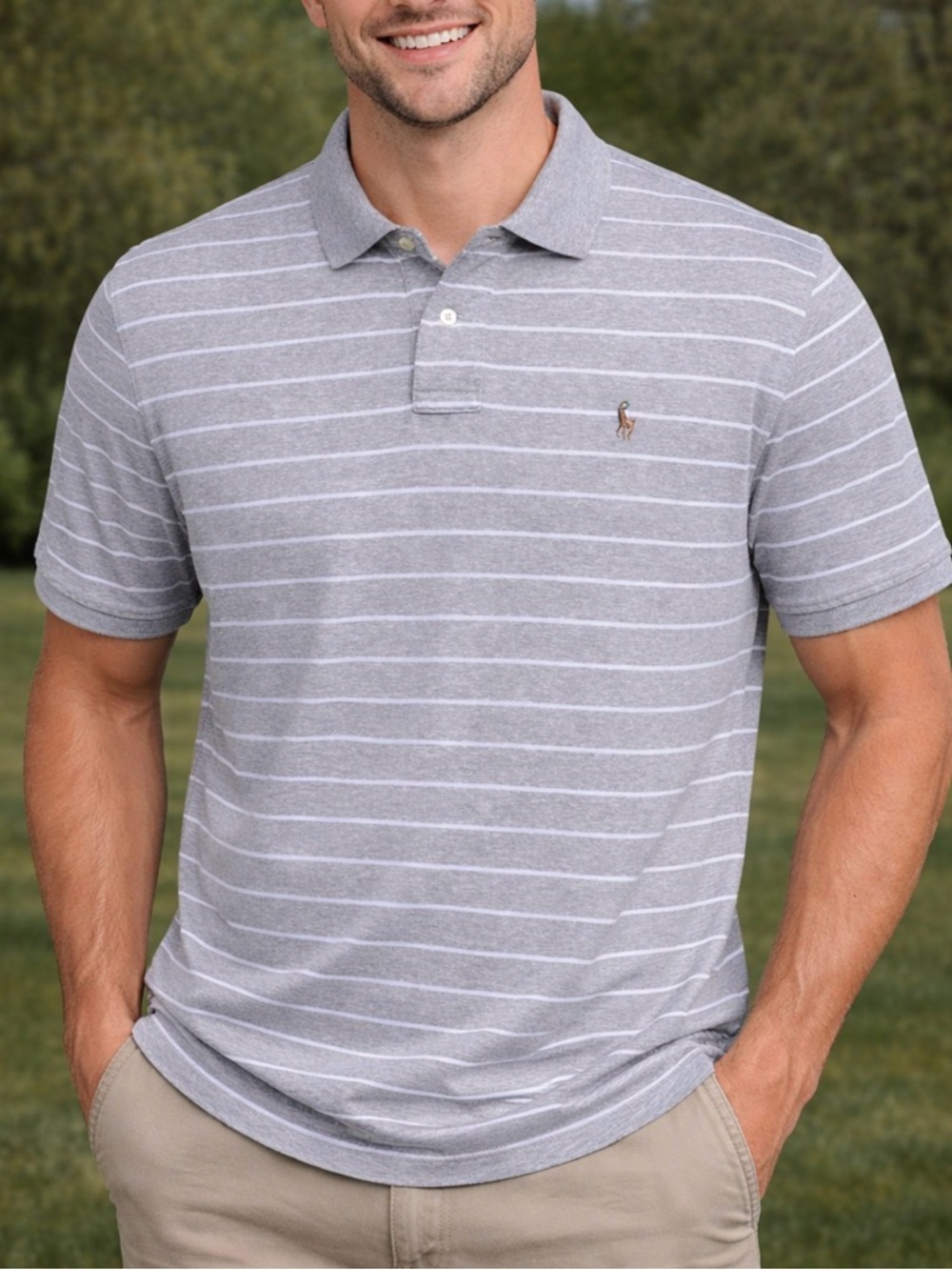 -Polo Ralph Lauren Grey w/White Stripes Original Fit S/S Men's Shirt Size XL